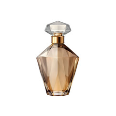 Elegant perfume bottle with a faceted glass design and a gold cap. The luxurious and stylish packaging is ideal for high-end fragrances and cosmetics. Isolated on transparent background, png.