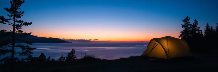 Naklejka premium Camping tent glowing at sunset in a serene forest overlooking the ocean, nature, ocean, tent