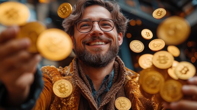 Smiling Businessman Surrounded by Floating Golden Bitcoin Coins, Celebrating Cryptocurrency Success and Wealth in an Urban Background - Perfect for Financial, Investment, and Blockchain Themes