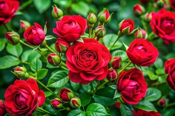 Panoramic View of Red Rose Buds Amongst Lush Green Leaves