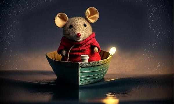 A little cutie mouse sailing happily in a little boat at night 