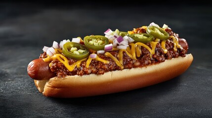 Delicious Chili Cheese Hot Dog Loaded with Fresh Toppings and Vibrant Colors on a Rustic Background Perfect for Food Lovers and Culinary Creatives