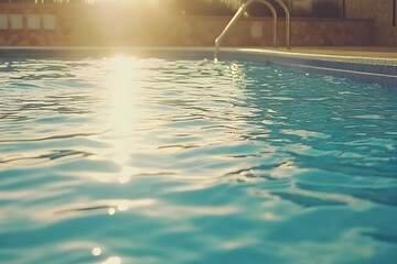Serene sunset view of a swimming pool's shimmering turquoise water, sun reflecting beautifully.