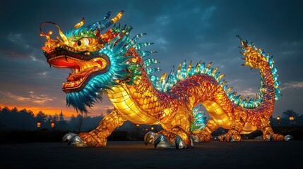 '  Illuminated dragon sculpture outdoor at dusk, cultural event, fantasy backdrop.
