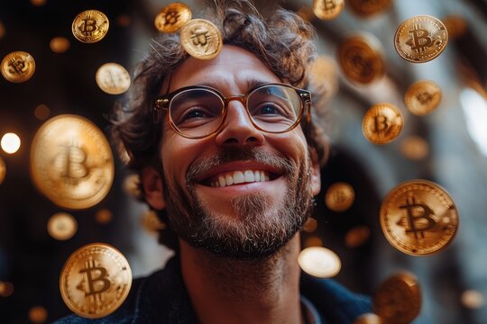 Smiling Businessman Surrounded by Floating Golden Bitcoin Coins, Celebrating Cryptocurrency Success and Wealth in an Urban Background - Perfect for Financial, Investment, and Blockchain Themes