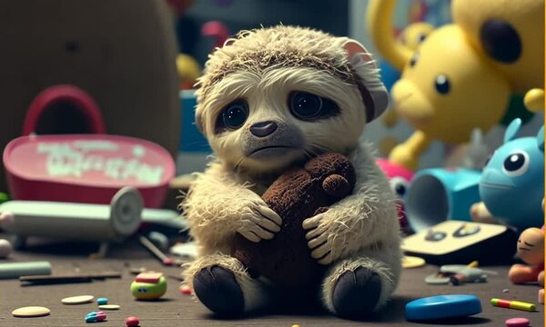 A fluffy plush sloth holding a toy and sadly trying to not cry 
