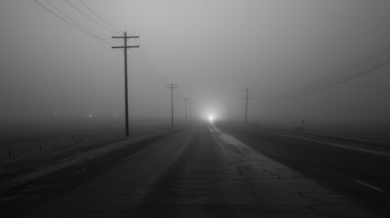 Empty Highway in Dense Fog with Streetlights Reflecting on Wet Road, Serene and Atmospheric Scene