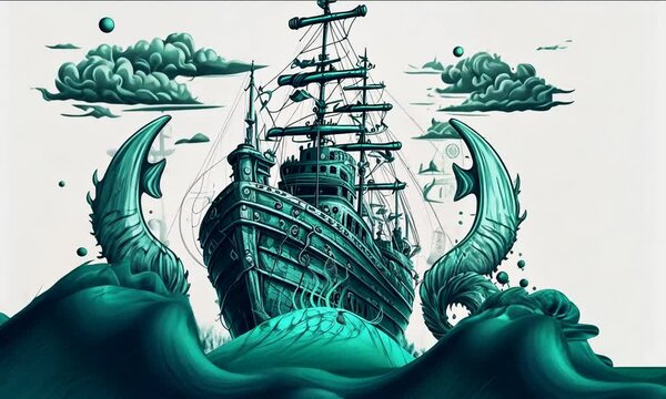 A fishing ship in the sea surrounded with sea monsters in blue graphic design 