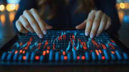 Data Driven Decisions: A woman's hands expertly navigate a digital tablet displaying dynamic stock market charts, highlighting the intricate dance of finance. The image captures the focus, precision.