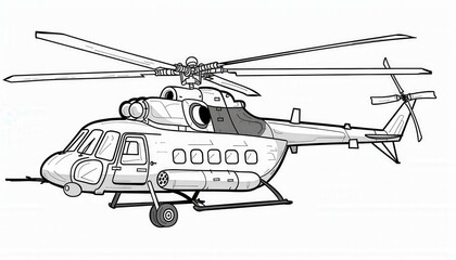 A stylized line art drawing of a Mil Mi-8 helicopter. Ideal for coloring books, educational materials, or aviation-themed designs.