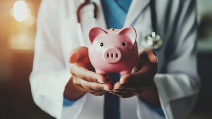 A healthcare professional holding a pink piggy bank with both hands, wearing a white coat and a stethoscope around their neck. The focus is on the hands and piggy bank, symbolizing trust and financial