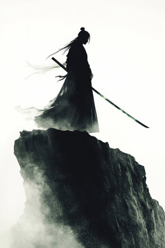 silhouette of a chinese taoism kung fu master on the mountain, ink painting