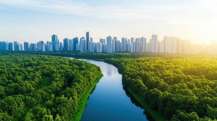 Obraz premium A rewilded river weaving through a city, providing natural cooling and flood prevention, symbolizing harmonious adaptation