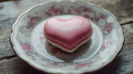 A lovely heart-shaped pink cookie resting on a vintage floral plate, capturing the essence of sweetness and nostalgia, perfect for expressing love on special occasions.