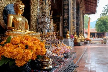 The grand main hall of a Thai ubosot with richly detailed murals, golden Buddha statues, and offerings placed on the altar