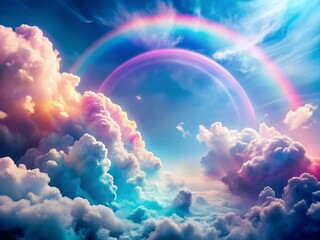 Pastel Pink Blue Fantasy Sky, Fluffy Clouds, Rainbow, Abstract Light, Beauty