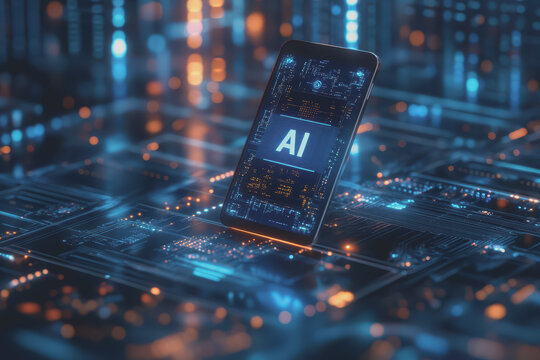 Mockup 3d of mobile technology with text "AI" on screen, abstract background technology.