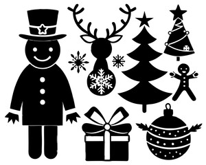 Black and White Christmas Icons – Silhouettes of Festive Holiday Cartoons