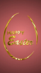 Vertical illustration of Happy Easter greeting card with golden easter egg and handwritten holiday wishes on red background whith sparkle - vacation concept.