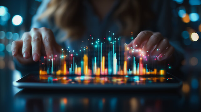 Data Visualization on Tablet: Woman interacts with vibrant, colorful data visualizations projected onto her tablet, showcasing dynamic graphs and cityscapes in a futuristic, technological setting.  