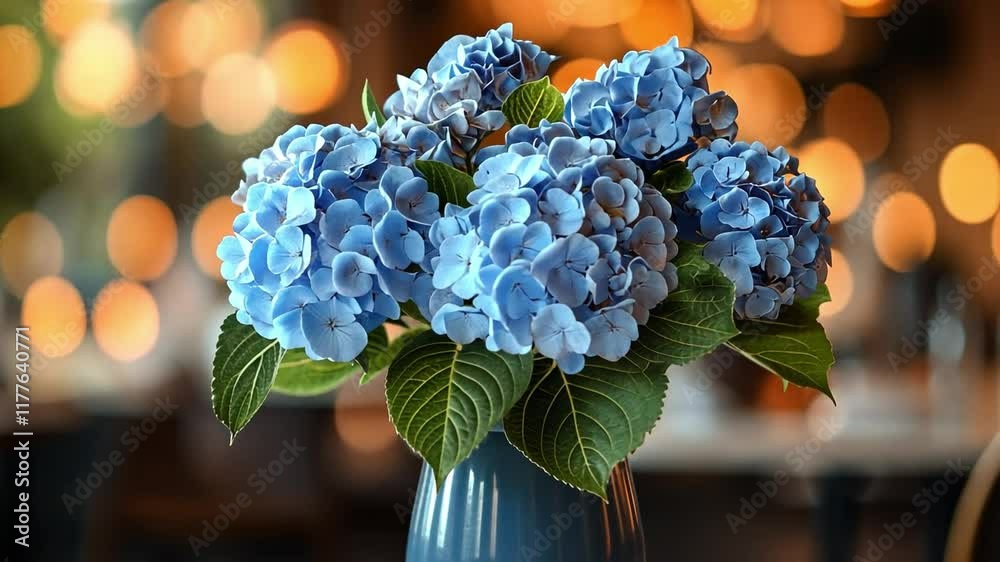 Poster a vibrant display of blue hydrangeas sits elegantly in a vase on a restaurant table. the softly lit 