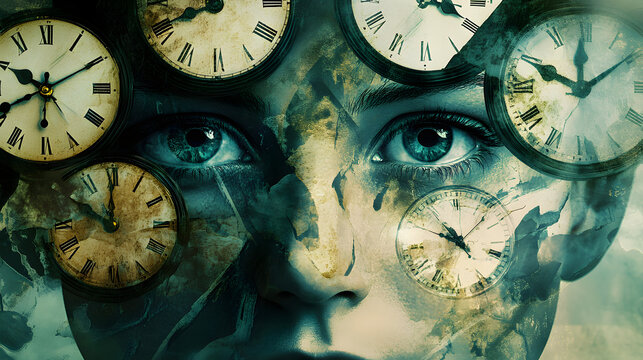 A digital collage of clock faces layered over a human face, symbolizing the personal and subjective perception of time in daily life 