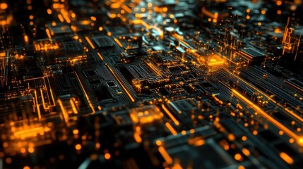 Complex network of circuits and processors transmitting vibrant orange energy, forming a captivating futuristic technological landscape filled with dynamic connections and innovative designs