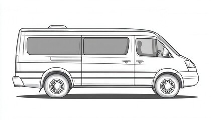 Side view line art drawing of a passenger van. Ideal for transportation illustrations websites or travel-related designs.