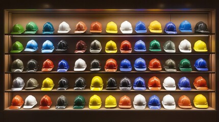  Display of Colorful Hard Hats on Shelves, Symbolizing Workplace Safety and Diversity