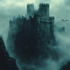 Fototapeta premium Dilapidated Jagged Castle Piercing Fog with Bats Circling Weathered Towers in Dramatic Lighting and High Contrast Romantic Mystery