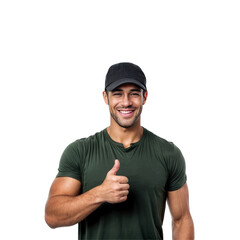 Fototapeta premium Confident and Approachable: A young man with a winning smile gives a thumbs-up, radiating confidence and approachability. His casual attire and relaxed pose create a friendly and relatable image.