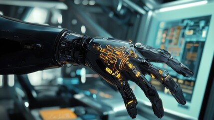 Futuristic Robotic Hand Analyzing Data in a High-Tech Laboratory Setting