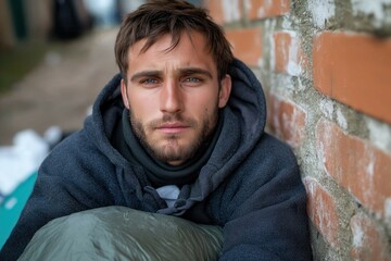 Obraz premium Young caucasian male experiencing homelessness sitting against brick wall outdoors
