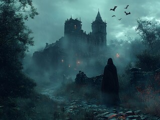 Eerie Crumbling Castle Shrouded in Mysterious Mist with Bats Encircling Its Ancient Towers