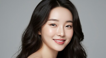 笑顔が魅力的な若い女性のポートレート、スタジオ撮影、グレー背景