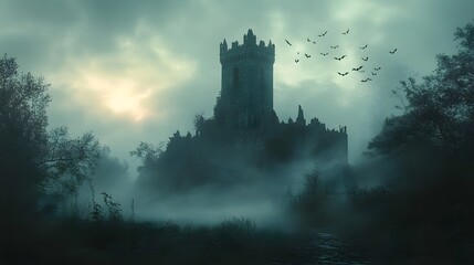 Fototapeta premium Moody Dramatic Castle Silhouette Emerging from Misty Veil with Fluttering Bats