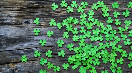 Scattered green shamrocks on a rustic wooden background, symbolizing Irish luck and tradition.