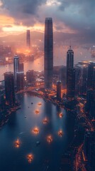 Fototapeta premium Soaring Futuristic Metropolis with Gleaming Skyscrapers and Interconnected Airborne Transportation