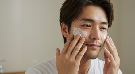 笑顔の日本人男性がスキンケアクリームを顔に塗るクローズアップ