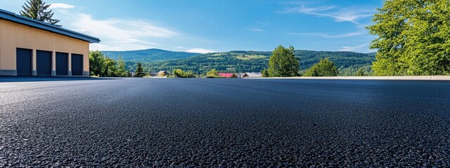 Freshly paved asphalt road stretching towards a scenic mountainous landscape under a clear blue sky with distant green hills