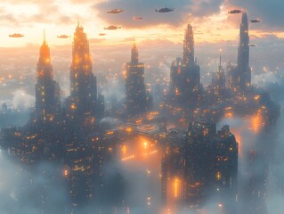 Fototapeta premium Breathtaking Futuristic Metropolis with Glowing Geometric Skyscrapers and Luminescent Aerial Bridges