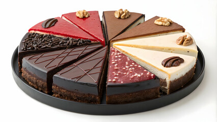 Assorted Cake Slices on Round Platter with Various Toppings