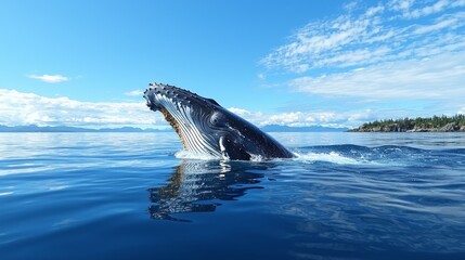 Fototapeta premium Humpback whale breaching in ocean, clear sky.