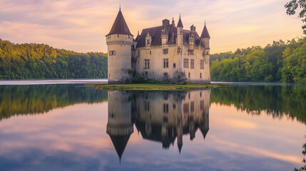 Obraz premium Medieval castle surrounded by serene waters reflecting the beauty of nature at dawn