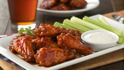 Buffalo Chicken Wings with Celery Sticks and Dipping Sauce