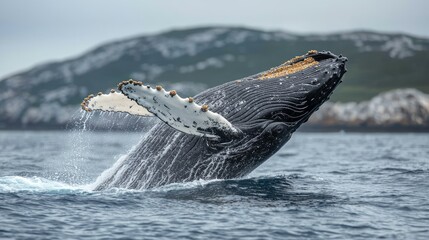 Fototapeta premium Humpback whale breaching, ocean, water, coastal mountains background.