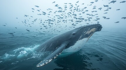 Obraz premium Humpback whale surfacing, feeding on fish in foggy ocean water.
