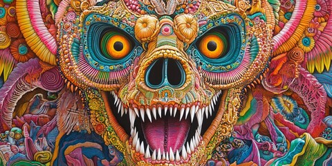 Fototapeta premium A Colorful, intricate mask design featuring vibrant patterns and textures, showcasing fierce expression and artistic craftsmanship