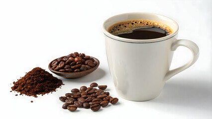 Fototapeta premium Cup of black coffee with coffee beans and ground coffee