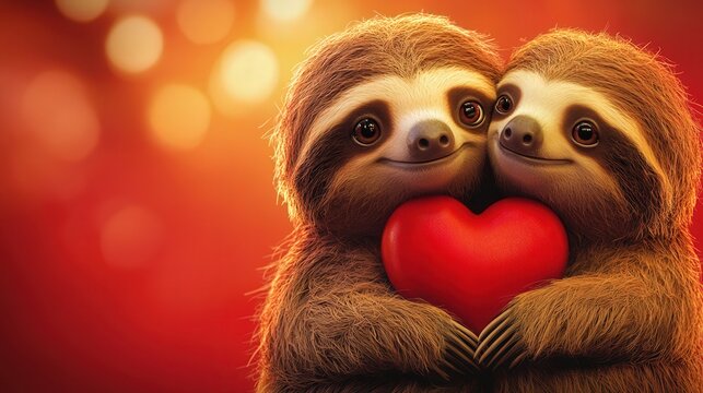 sloths holding a heart, warm lighting, on a red background &ndash; digital art